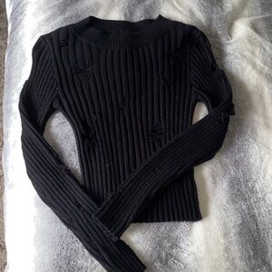 Fashion Nova Distressed Black Ribbed Sweater